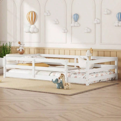 Twin Size Floor Bed, Montessori Floor Bed with Fence, Kids Montessori Bed Twin Size, Wood Montessori Floor Bed Kids, Girls, BoysWHITE