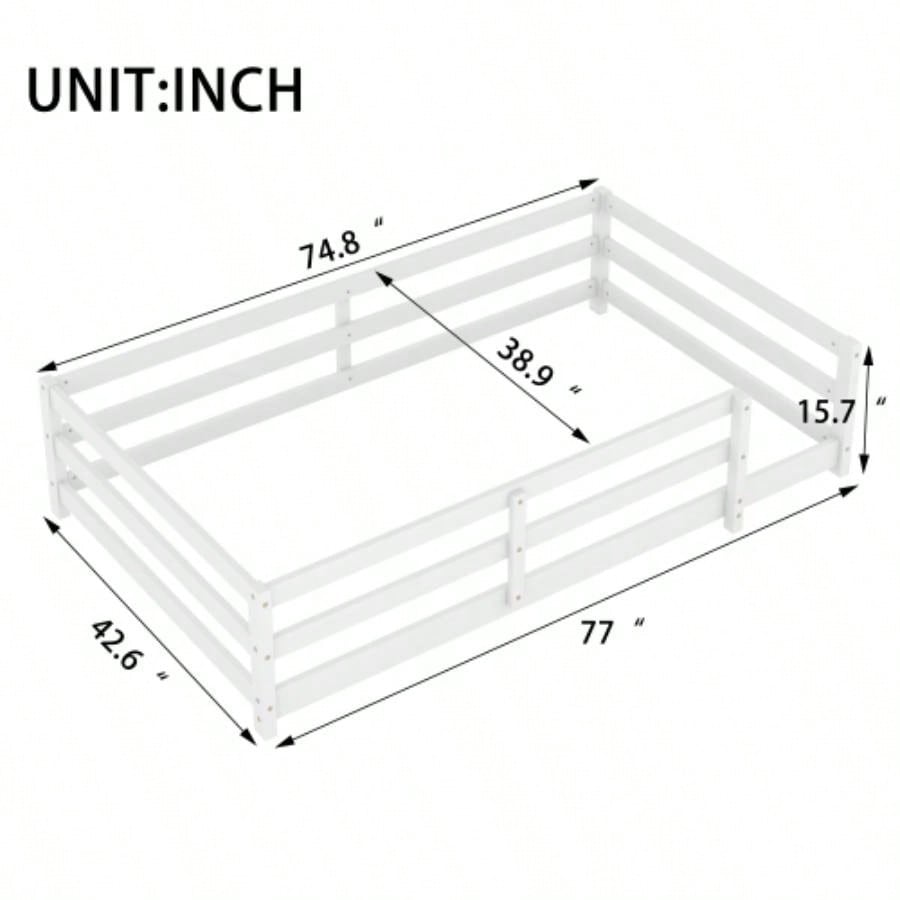 Twin Size Floor Bed, Montessori Floor Bed with Fence, Kids Montessori Bed Twin Size, Wood Montessori Floor Bed Kids, Girls, BoysWHITE