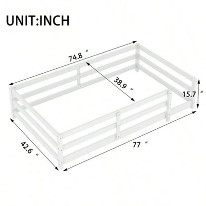 Twin Size Floor Bed, Montessori Floor Bed with Fence, Kids Montessori Bed Twin Size, Wood Montessori Floor Bed Kids, Girls, BoysWHITE