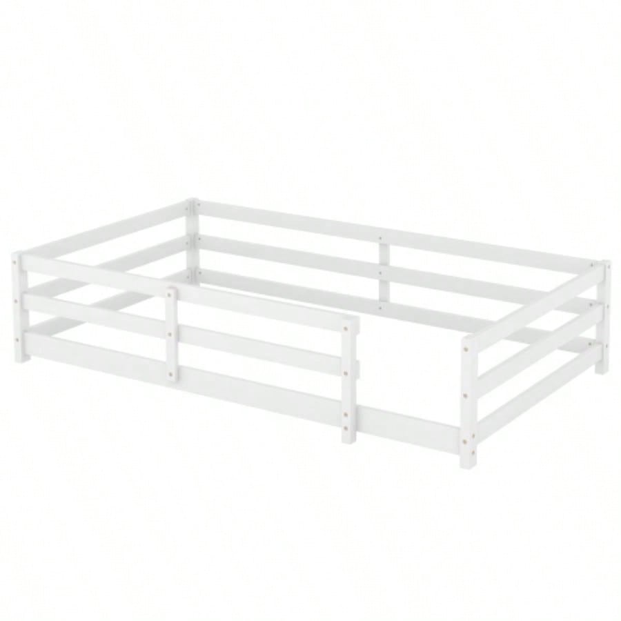 Twin Size Floor Bed, Montessori Floor Bed with Fence, Kids Montessori Bed Twin Size, Wood Montessori Floor Bed Kids, Girls, BoysWHITE