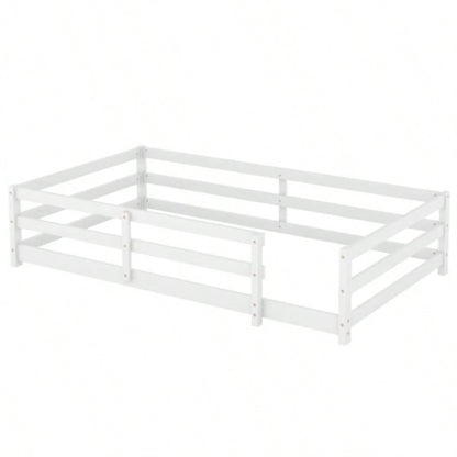 Twin Size Floor Bed, Montessori Floor Bed with Fence, Kids Montessori Bed Twin Size, Wood Montessori Floor Bed Kids, Girls, BoysWHITE