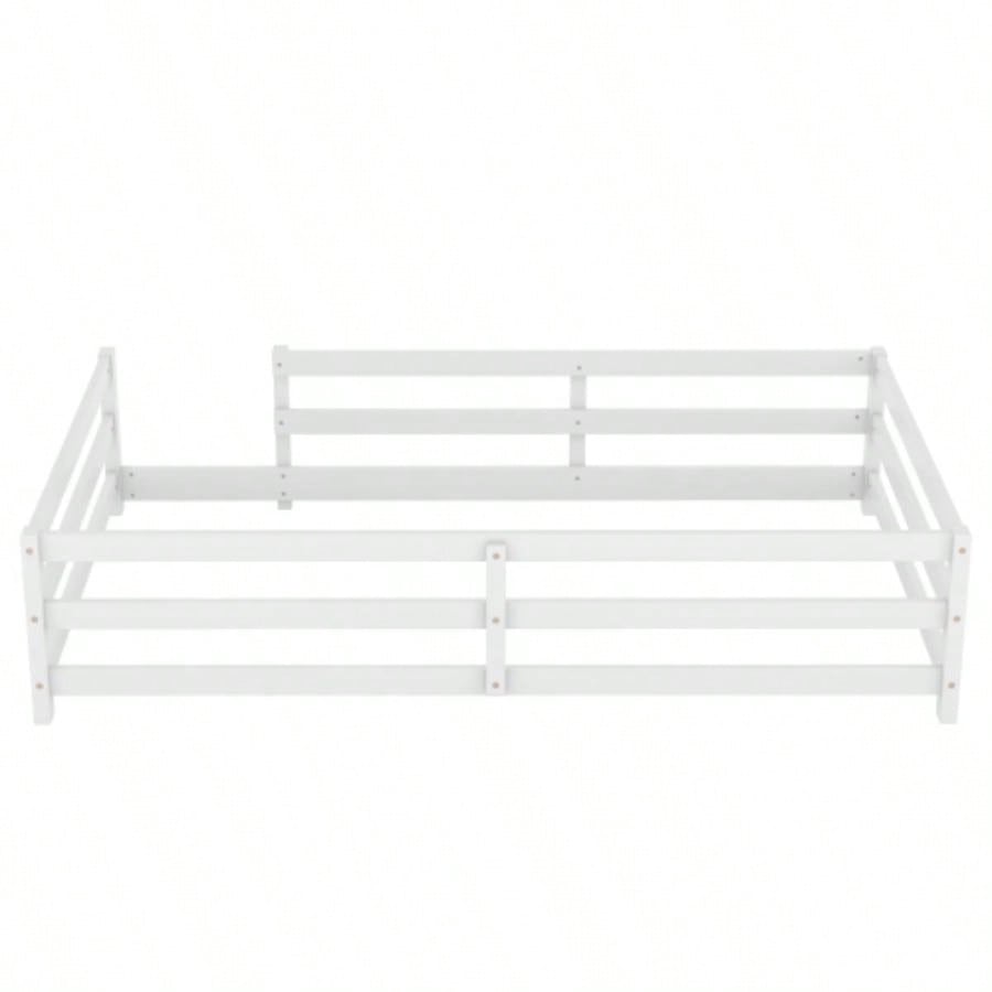 Twin Size Floor Bed, Montessori Floor Bed with Fence, Kids Montessori Bed Twin Size, Wood Montessori Floor Bed Kids, Girls, BoysWHITE
