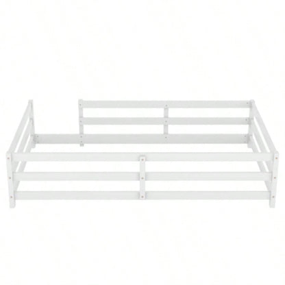 Twin Size Floor Bed, Montessori Floor Bed with Fence, Kids Montessori Bed Twin Size, Wood Montessori Floor Bed Kids, Girls, BoysWHITE