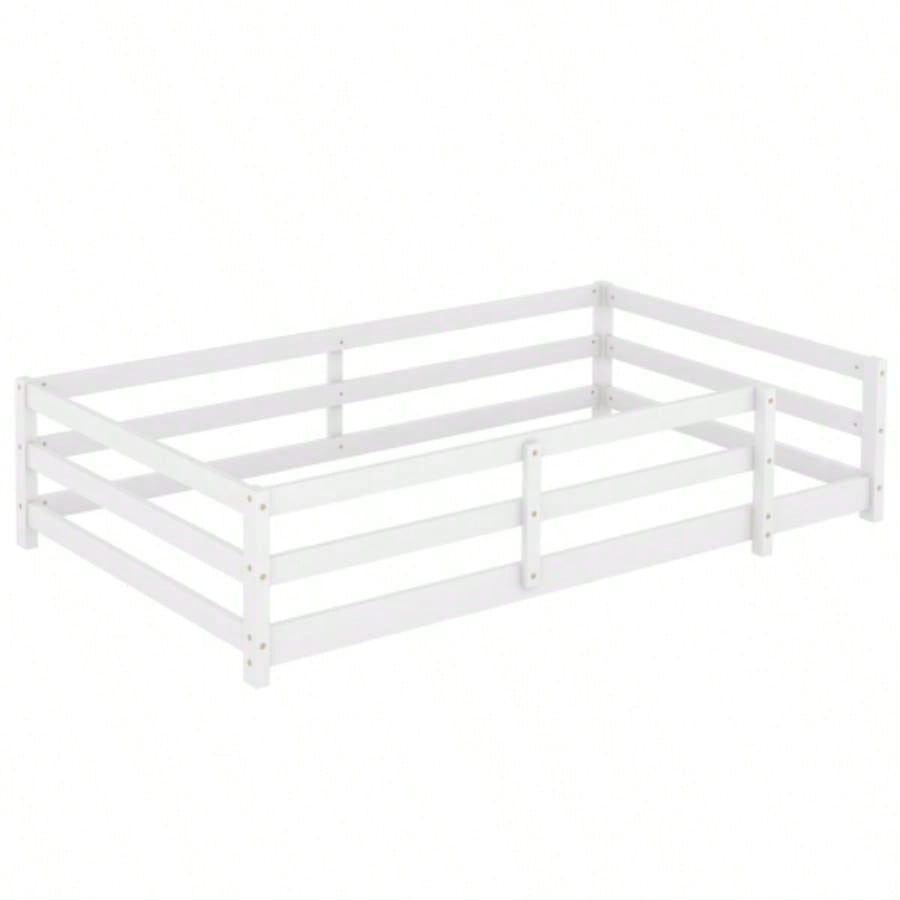 Twin Size Floor Bed, Montessori Floor Bed with Fence, Kids Montessori Bed Twin Size, Wood Montessori Floor Bed Kids, Girls, BoysWHITE