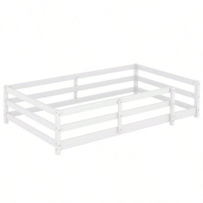 Twin Size Floor Bed, Montessori Floor Bed with Fence, Kids Montessori Bed Twin Size, Wood Montessori Floor Bed Kids, Girls, BoysWHITE