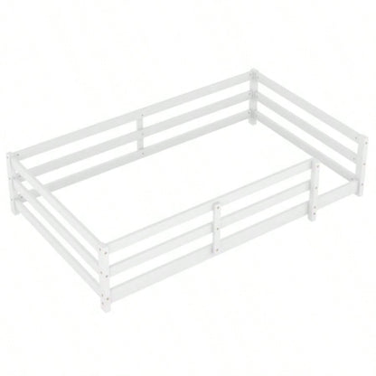 Twin Size Floor Bed, Montessori Floor Bed with Fence, Kids Montessori Bed Twin Size, Wood Montessori Floor Bed Kids, Girls, BoysWHITE