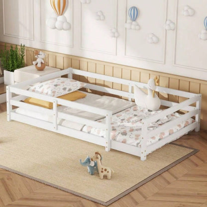 Twin Size Floor Bed, Montessori Floor Bed with Fence, Kids Montessori Bed Twin Size, Wood Montessori Floor Bed Kids, Girls, BoysWHITE