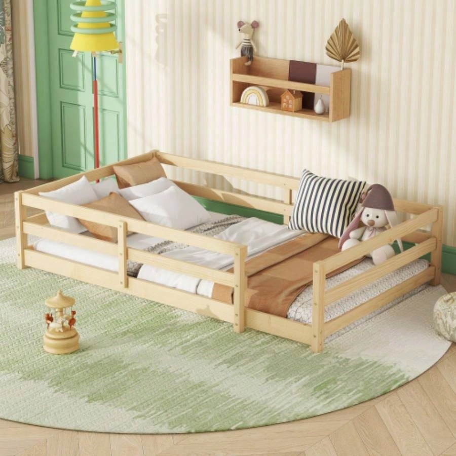 Twin Size Floor Bed, Montessori Floor Bed with Fence, Kids Montessori Bed Twin Size, Wood Montessori Floor Bed Kids, Girls, BoysWHITE