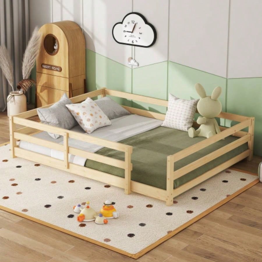 Twin Size Floor Bed, Montessori Floor Bed with Fence, Kids Montessori Bed Twin Size, Wood Montessori Floor Bed Kids, Girls, BoysWHITE