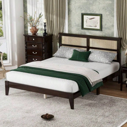 Size Rubber Wooden, Solid Wooden Bed with Rattan Headboard, Enhanced by Support Feet, Espresso