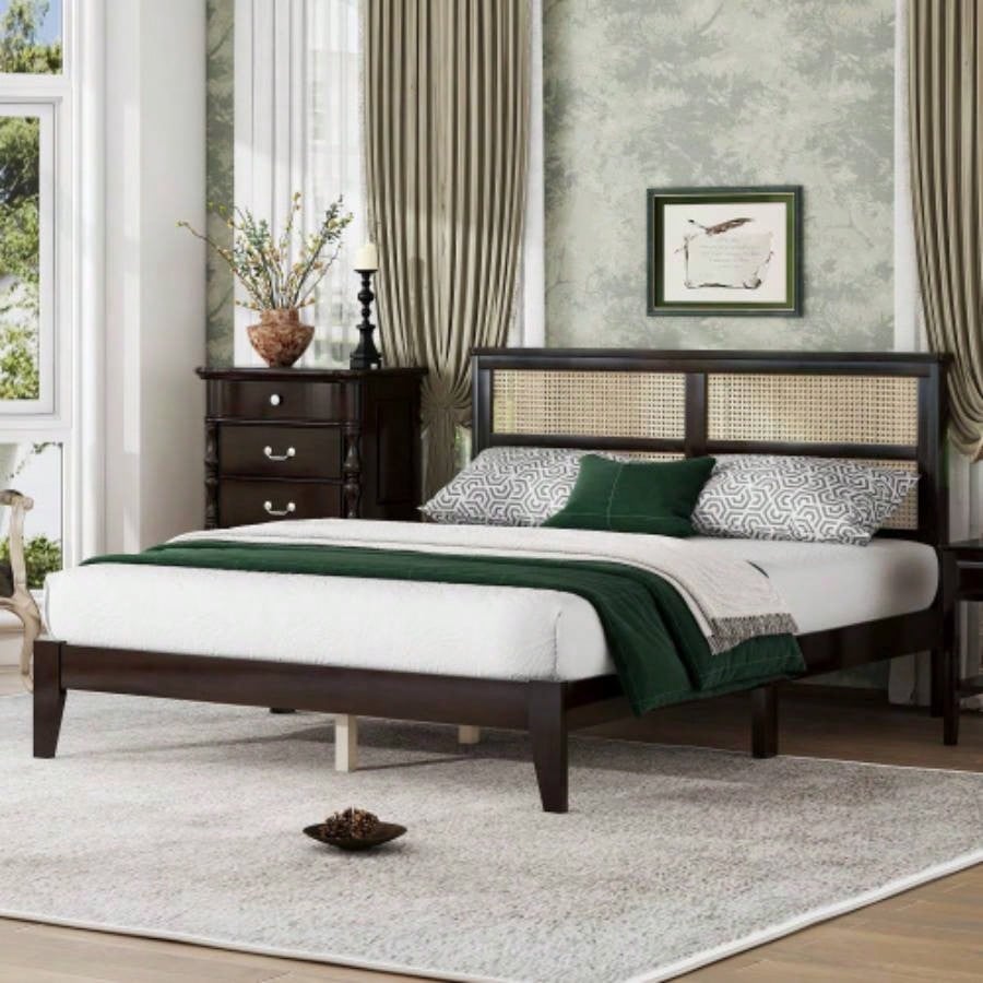 Size Rubber Wooden, Solid Wooden Bed with Rattan Headboard, Enhanced by Support Feet, Espresso