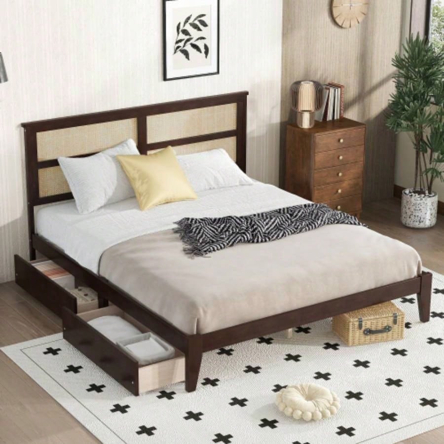King Size Bed with Rattan Headboard, Two Storage Drawers, Rubber Wood Bed with Enhanced Support Salts and Feet, Espresso