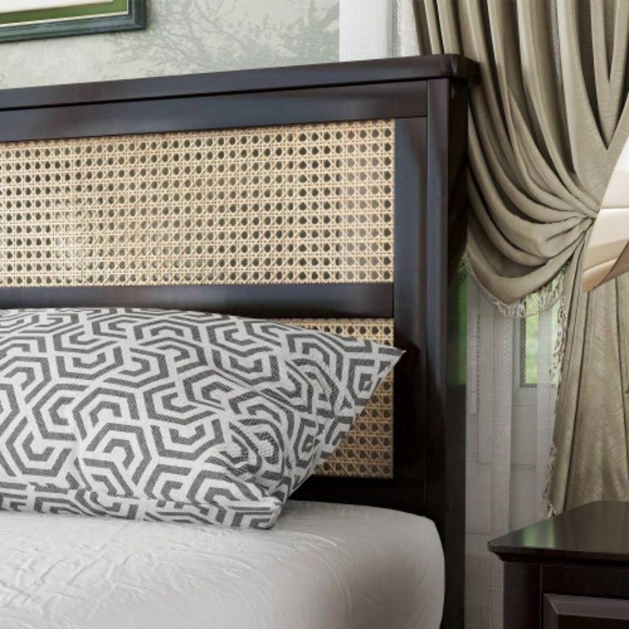 Size Rubber Wooden, Solid Wooden Bed with Rattan Headboard, Enhanced by Support Feet, Espresso