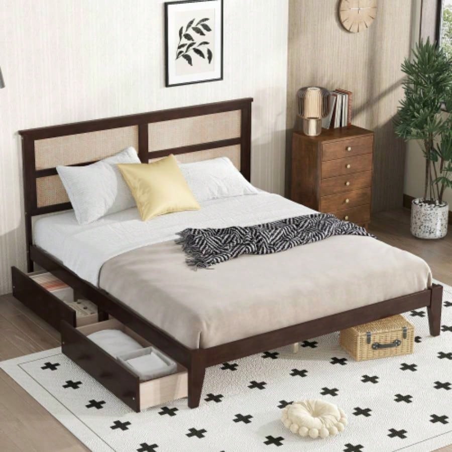 King Size Bed with Rattan Headboard, Two Storage Drawers, Rubber Wood Bed with Enhanced Support Salts and Feet, Espresso