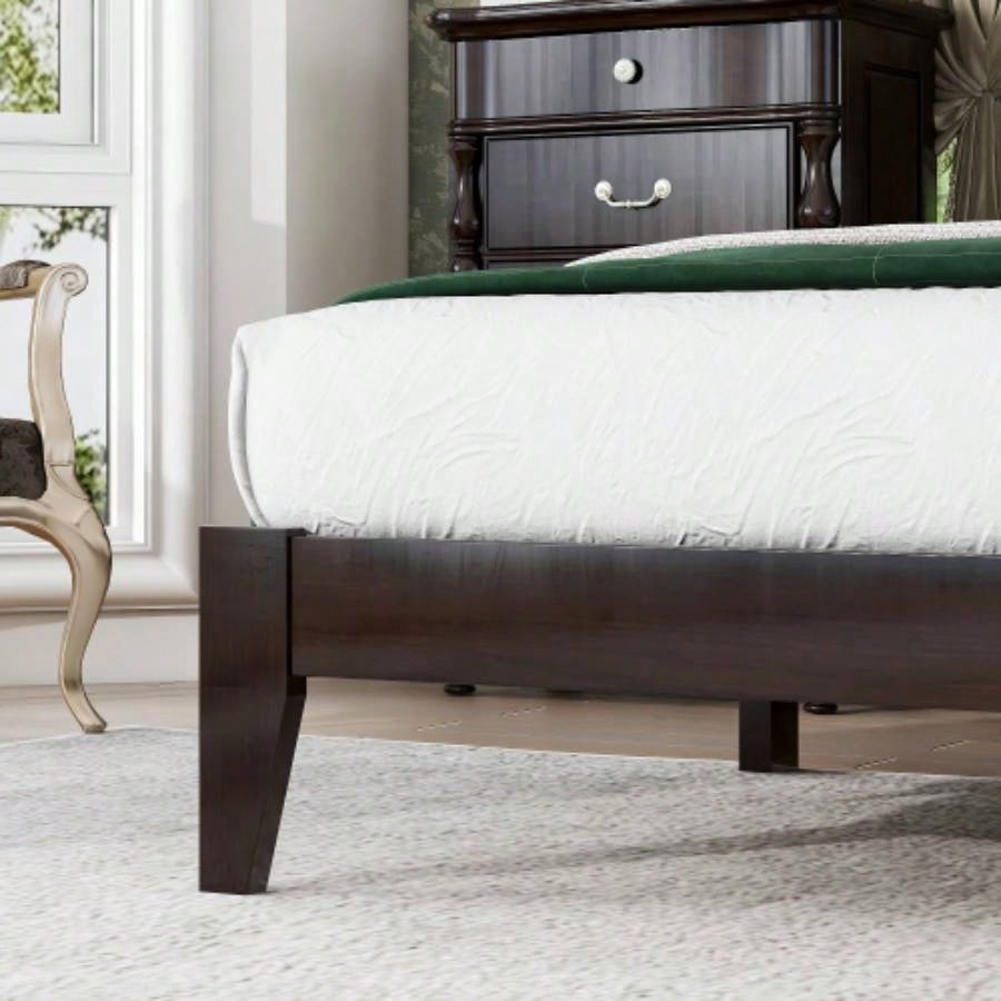 Size Rubber Wooden, Solid Wooden Bed with Rattan Headboard, Enhanced by Support Feet, Espresso