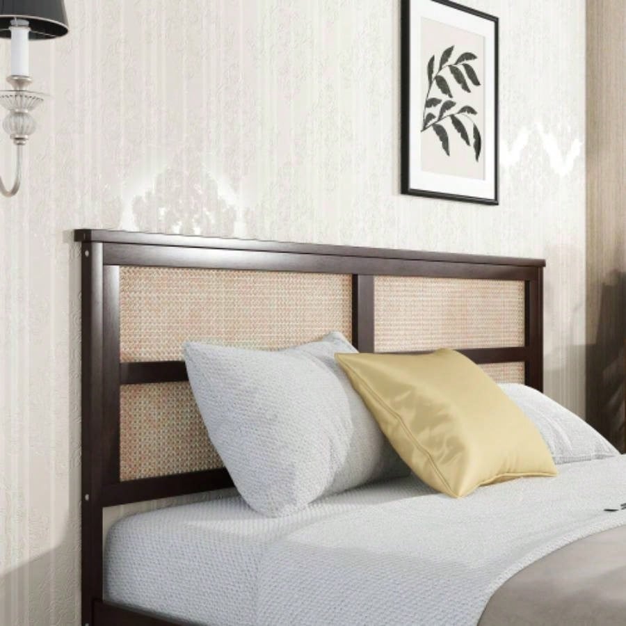 King Size Bed with Rattan Headboard, Two Storage Drawers, Rubber Wood Bed with Enhanced Support Salts and Feet, Espresso