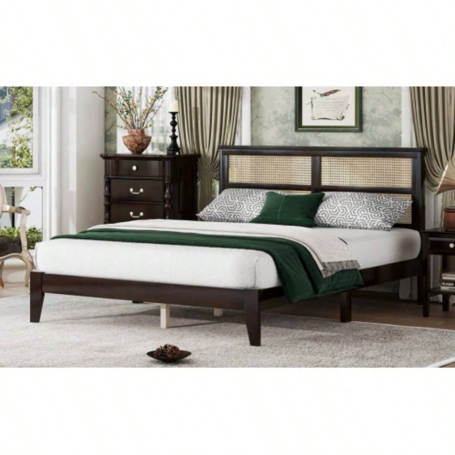Size Rubber Wooden, Solid Wooden Bed with Rattan Headboard, Enhanced by Support Feet, Espresso
