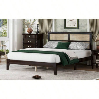 Size Rubber Wooden, Solid Wooden Bed with Rattan Headboard, Enhanced by Support Feet, Espresso