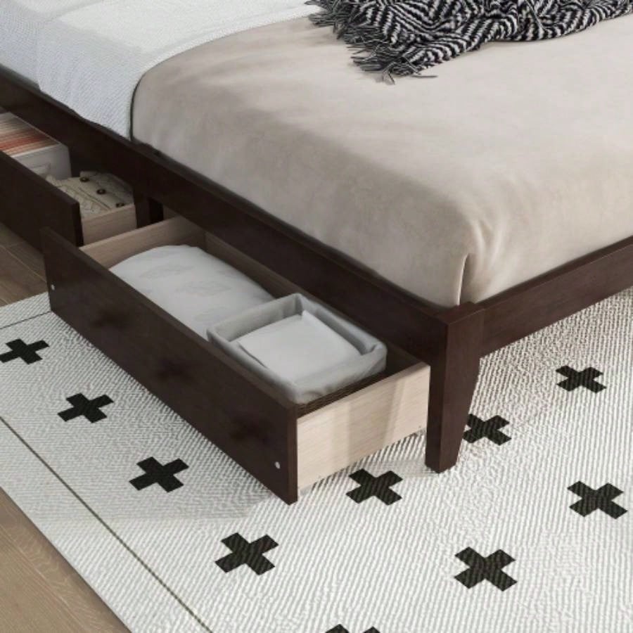 King Size Bed with Rattan Headboard, Two Storage Drawers, Rubber Wood Bed with Enhanced Support Salts and Feet, Espresso