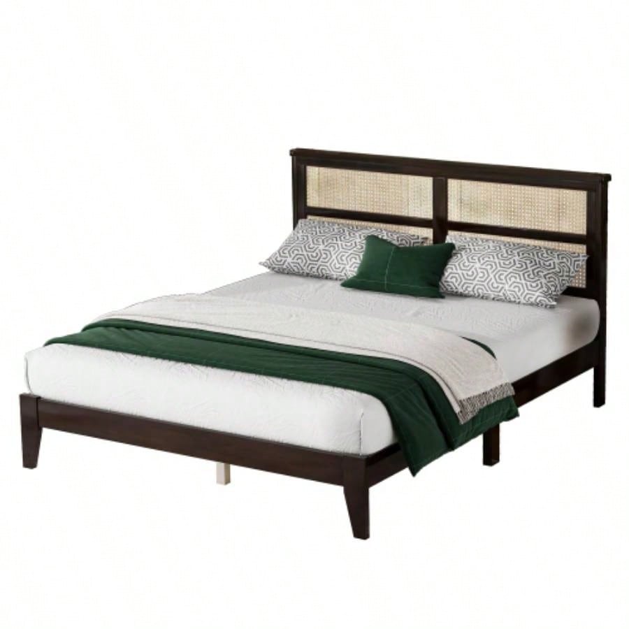 Size Rubber Wooden, Solid Wooden Bed with Rattan Headboard, Enhanced by Support Feet, Espresso