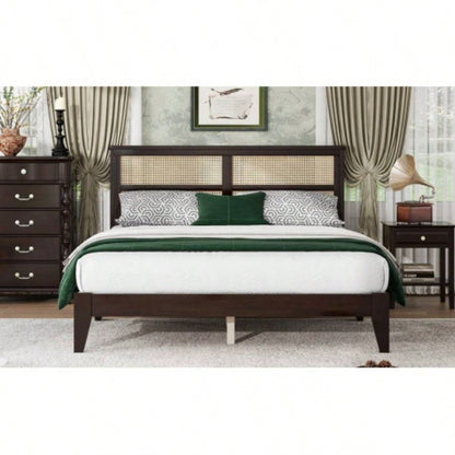 Size Rubber Wooden, Solid Wooden Bed with Rattan Headboard, Enhanced by Support Feet, Espresso