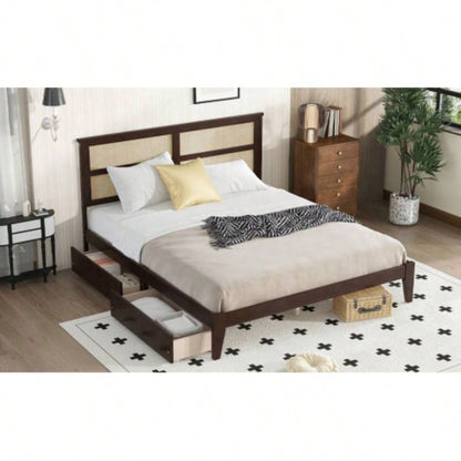 King Size Bed with Rattan Headboard, Two Storage Drawers, Rubber Wood Bed with Enhanced Support Salts and Feet, Espresso