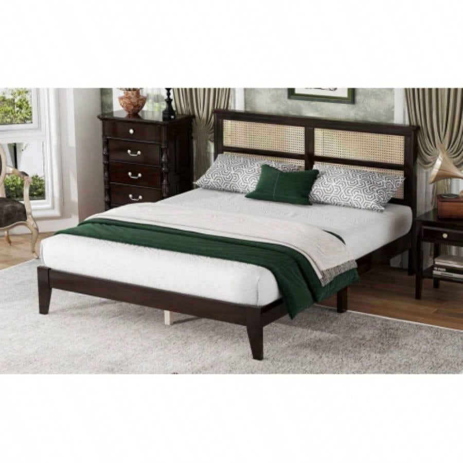 Size Rubber Wooden, Solid Wooden Bed with Rattan Headboard, Enhanced by Support Feet, Espresso