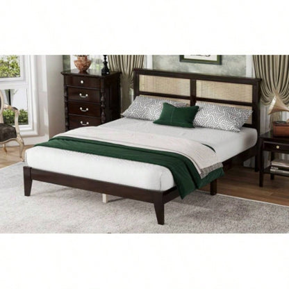 Size Rubber Wooden, Solid Wooden Bed with Rattan Headboard, Enhanced by Support Feet, Espresso