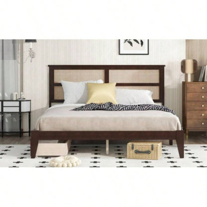 King Size Bed with Rattan Headboard, Two Storage Drawers, Rubber Wood Bed with Enhanced Support Salts and Feet, Espresso