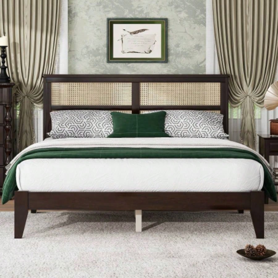 King Size Bed with Rattan Headboard, Two Storage Drawers, Rubber Wood Bed with Enhanced Support Salts and Feet, Espresso