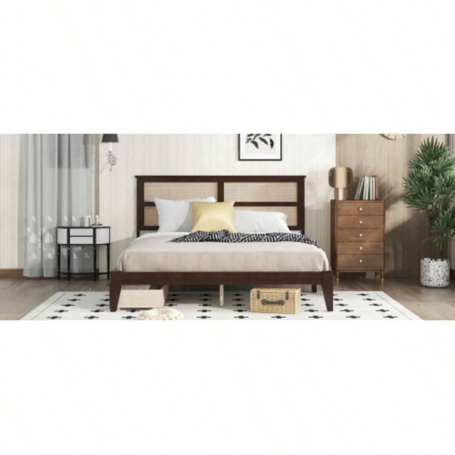 King Size Bed with Rattan Headboard, Two Storage Drawers, Rubber Wood Bed with Enhanced Support Salts and Feet, Espresso