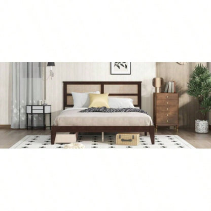 King Size Bed with Rattan Headboard, Two Storage Drawers, Rubber Wood Bed with Enhanced Support Salts and Feet, Espresso