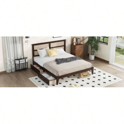King Size Bed with Rattan Headboard, Two Storage Drawers, Rubber Wood Bed with Enhanced Support Salts and Feet, Espresso