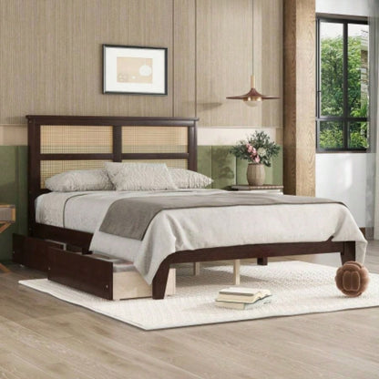 King Size Bed with Rattan Headboard, Two Storage Drawers, Rubber Wood Bed with Enhanced Support Salts and Feet, Espresso