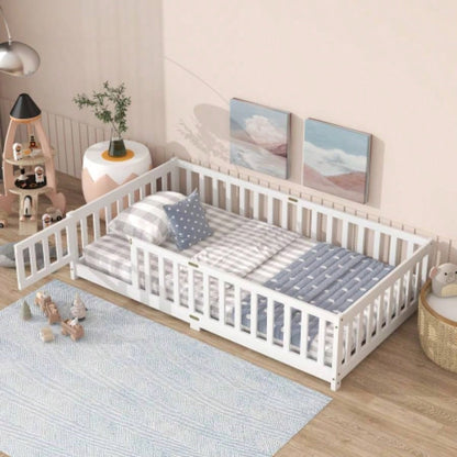 Twin Size Floor Bed with Fence and Door, Rubber Wood Floor Bed with Safety Guardrails, Natural