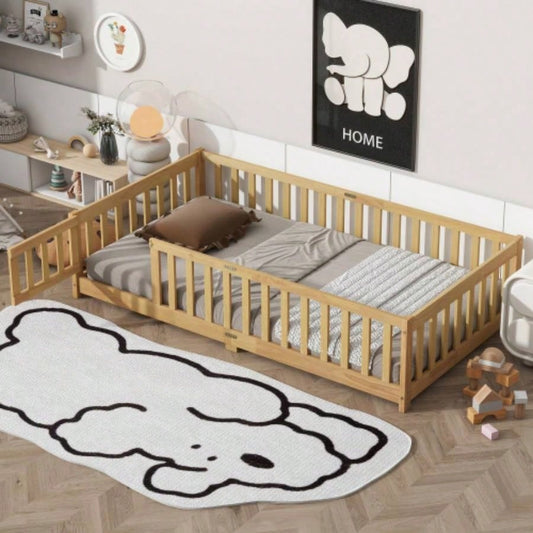 Twin Size Floor Bed with Fence and Door, Rubber Wood Floor Bed with Safety Guardrails, Natural