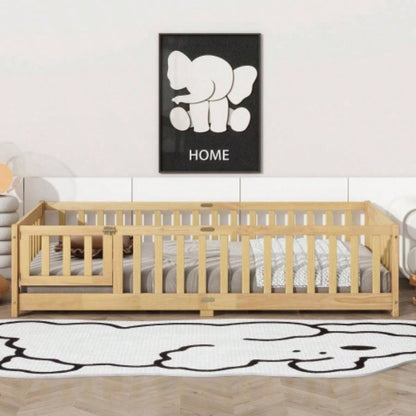 Twin Size Floor Bed with Fence and Door, Rubber Wood Floor Bed with Safety Guardrails, Natural