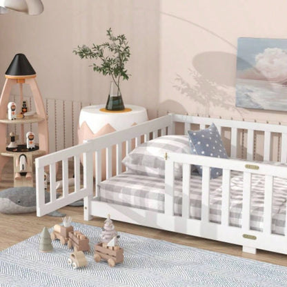 Twin Size Floor Bed with Fence and Door, Rubber Wood Floor Bed with Safety Guardrails, White