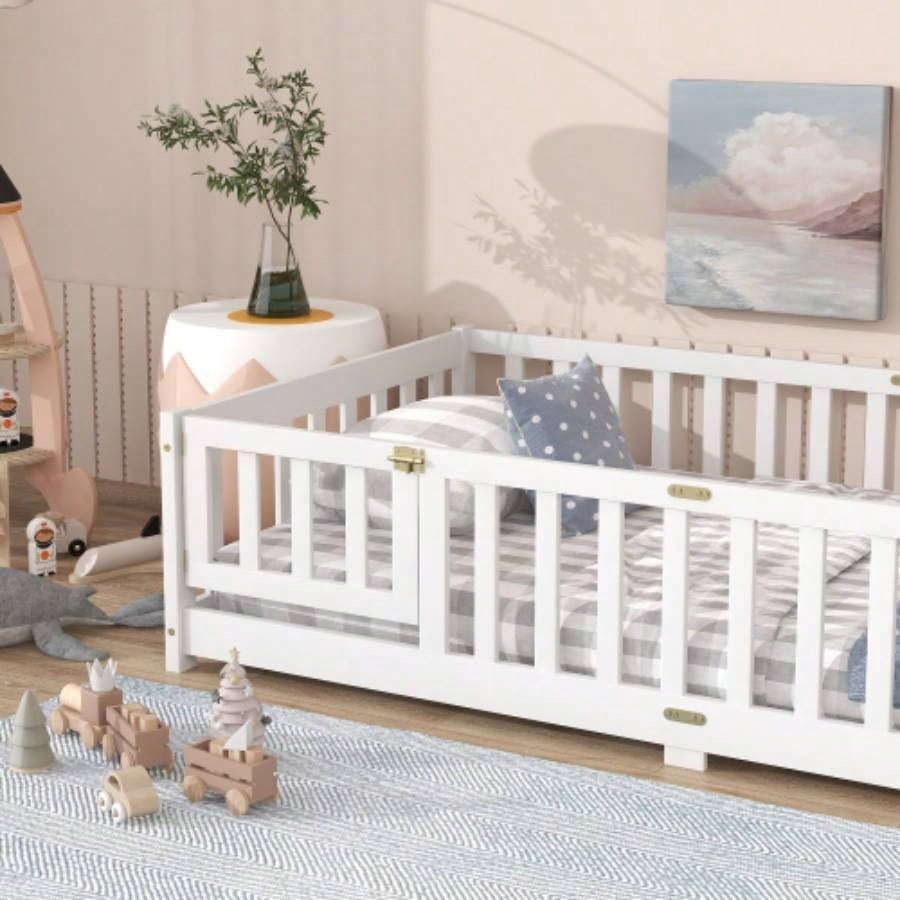 Twin Size Floor Bed with Fence and Door, Rubber Wood Floor Bed with Safety Guardrails, White
