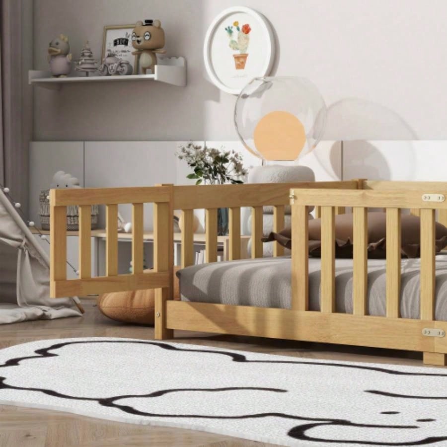 Twin Size Floor Bed with Fence and Door, Rubber Wood Floor Bed with Safety Guardrails, Natural