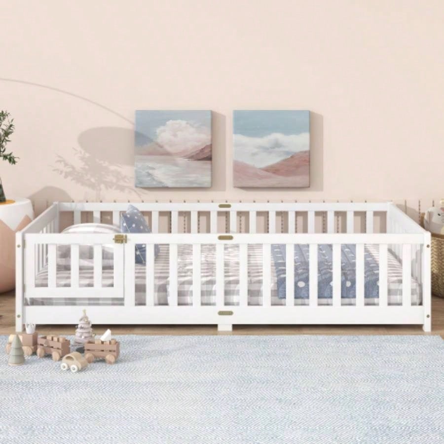 Twin Size Floor Bed with Fence and Door, Rubber Wood Floor Bed with Safety Guardrails, White
