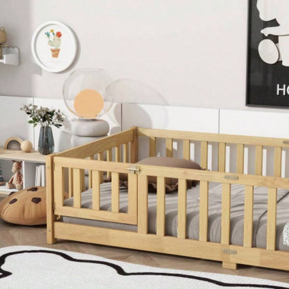 Twin Size Floor Bed with Fence and Door, Rubber Wood Floor Bed with Safety Guardrails, Natural