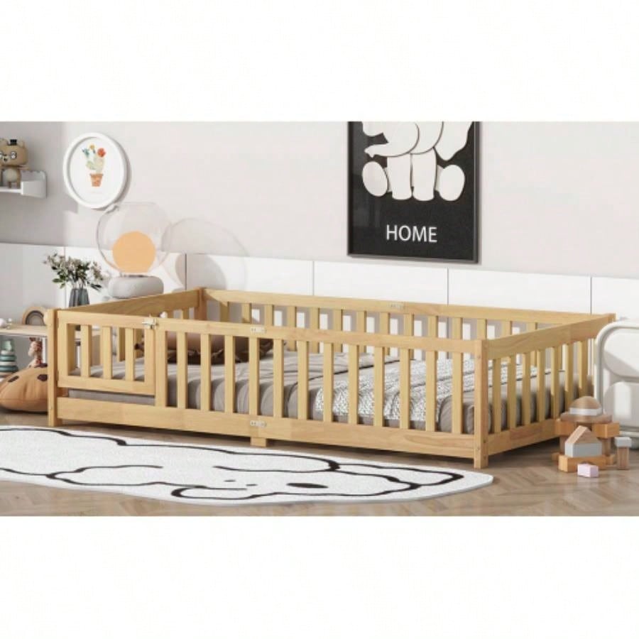 Twin Size Floor Bed with Fence and Door, Rubber Wood Floor Bed with Safety Guardrails, Natural