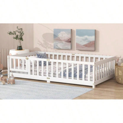 Twin Size Floor Bed with Fence and Door, Rubber Wood Floor Bed with Safety Guardrails, White