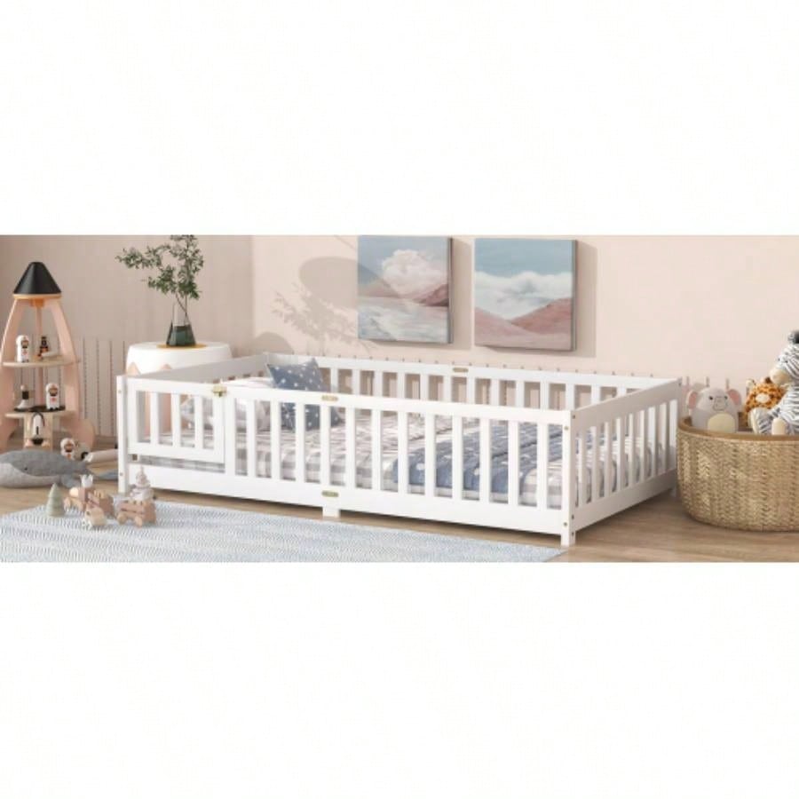 Twin Size Floor Bed with Fence and Door, Rubber Wood Floor Bed with Safety Guardrails, White