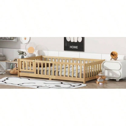 Twin Size Floor Bed with Fence and Door, Rubber Wood Floor Bed with Safety Guardrails, Natural