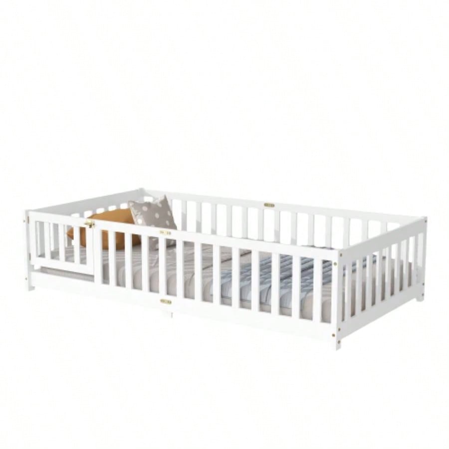Twin Size Floor Bed with Fence and Door, Rubber Wood Floor Bed with Safety Guardrails, White