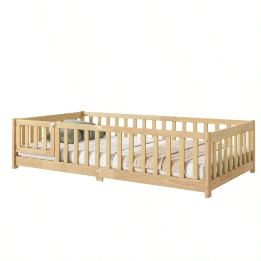 Twin Size Floor Bed with Fence and Door, Rubber Wood Floor Bed with Safety Guardrails, Natural