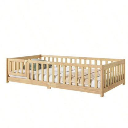 Twin Size Floor Bed with Fence and Door, Rubber Wood Floor Bed with Safety Guardrails, Natural