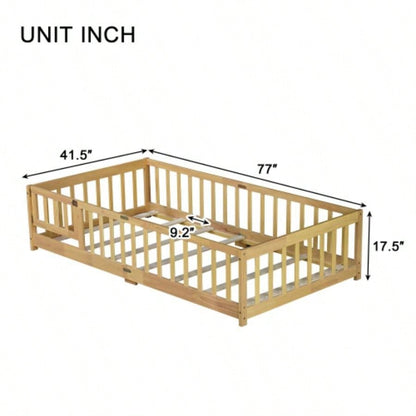 Twin Size Floor Bed with Fence and Door, Rubber Wood Floor Bed with Safety Guardrails, Natural